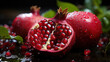 Group of Fresh Pomegranate Fruit with Water Drops on Defocused Background