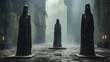 Black-robed statues stand stoically on the ground, their presence evoking a sense of mystery, authority, and timelessness
