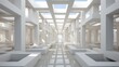 A mesmerizing symphony of natural light dances among the perfectly aligned columns, transforming the stark white room into a stunning work of architectural art, radiating both serenity and grandeur
