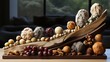 An eclectic array of delectable nuts and fruits artfully arranged on a wooden display, enticing all senses with its miniature indoor oasis of flavor and texture