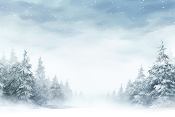 Wall Mural - A serene winter forest scene with snow draped pine trees and a blank sky. Christmas and New year background. Generative AI