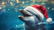 Christmas holidays concept. Cute dolphin in Santa red hat.