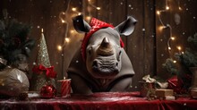 Christmas Holidays Concept. Cute Rhinoceros In Santa Red Hat.