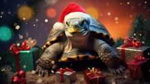 Christmas Holidays Concept. Cute Turtle In Santa Red Hat.
