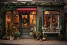 A Quaint Holiday Storefront Adorned With Decorations, Lights, And Wreaths, Suitable For Merry Christmas And New Year Holiday Greetings. Generative AI