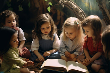 Group of children reading book in kindergarten