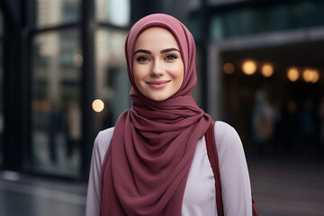 Canvas Print - A young beautiful Islamic teenage girl, wearing a pink, purple hijab stands at the public space in a night big city with a smile on her face portrait, Generative AI.