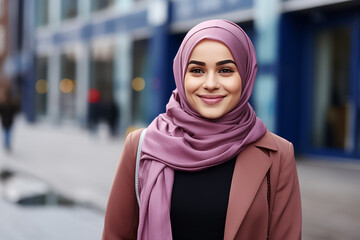 Canvas Print - A young beautiful Islamic teenage girl, wearing a pink, purple hijab stands at the public space in a night big city with a smile on her face portrait, Generative AI.