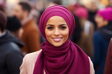 A young beautiful Islamic teenage girl, wearing a pink, purple hijab stands at the public space in a night big city with a smile on her face portrait, Generative AI.