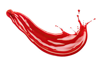 Wall Mural - Red Ketchup or tomato sauce splash on the air with little catsup blobs isolated on clear png background, wave swirl of tomato ketchup, sauce liquid flowing wavy form.