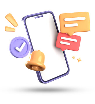 3d rendering of smartphone and bell notification, 3D pastel icon set.