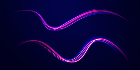 Poster - Neon light effect on a winding street. Speed light streaks vector background with blurred fast moving light effect, blue purple colors on black.