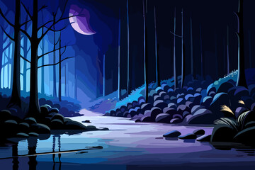 Vector illustration of night forest landscape with a river and a full moon, dark blue nature scene, generative ai