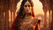 Portrait of a beautiful Indian bride is in traditional Indian costume with Kundan jewelry, romantic