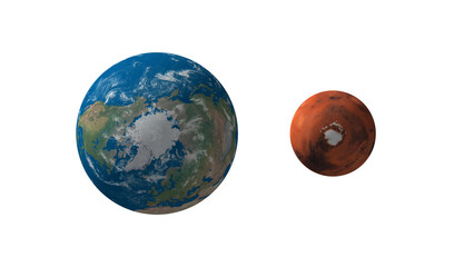Wall Mural - earth versus mars view from north pole , mars is 53 percent the size of earth  , 3d rendering illustration on transparent background