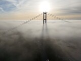 aerial view of the Humber Bridge in the morning mist over the river humber 