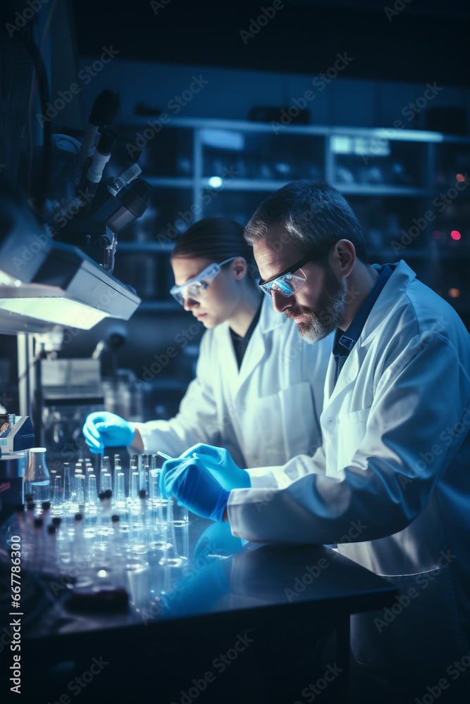 Do Test Lab researcher in laboratory room do testing and checking liquid in glass ...
