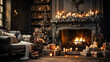 Vintage Style Christmas Living Room with Cozy Fireplace and Decorations