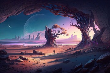 Wall Mural - Fantasy alien planet. Mountain and lake