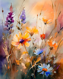 Fototapeta Kwiaty - Kolorowe kwiaty na letniej łące, letnia akwarela kwiatów