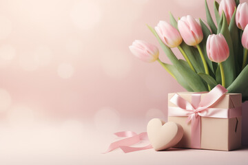 Wall Mural - festive layout with tulips and a gift with ribbons on a pastel  background. copy space. top view. flat lay. concept of mother's day, valentines day, eighth of march	