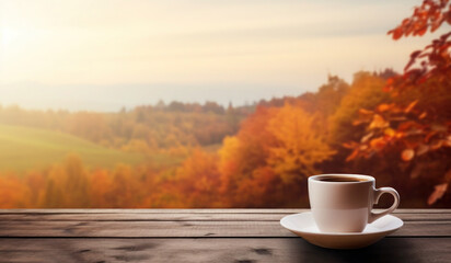 Wall Mural - Wooden table top and cup of coffee, blurred autumn landscape as background