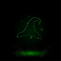 Poster - A large green outline wizard hat symbol on the center. Green Neon style. Neon color with shiny stars. Vector illustration on black background