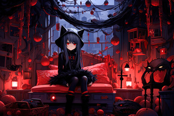 Wall Mural - girl in a haunted house with bats.