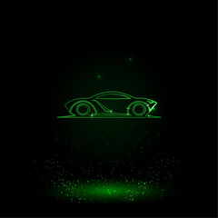 Poster - A large green outline future car symbol on the center. Green Neon style. Neon color with shiny stars. Vector illustration on black background