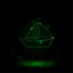 Poster - A large green outline sailing boat symbol on the center. Green Neon style. Neon color with shiny stars. Vector illustration on black background