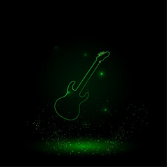 Poster - A large green outline guitar symbol on the center. Green Neon style. Neon color with shiny stars. Vector illustration on black background