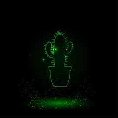 Poster - a large green outline cactus symbol on the center. green neon style. neon color with shiny stars. ve