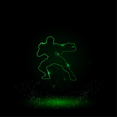 Poster - A large green outline combat robot on the center. Green Neon style. Neon color with shiny stars. Vector illustration on black background