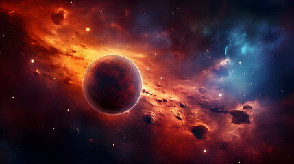 Dramatic Cosmic Scene with Two Planets amidst a Fiery Nebula.