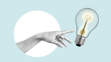 Poster - Key to success concept. Business strategy and solution for process improvement and development. Collage with hand and lamp with the key inside