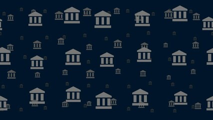Poster - Bank symbols float horizontally from left to right. Parallax fly effect. Floating symbols are located randomly. Seamless looped 4k animation on dark blue background