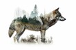 double exposure of a wolf and its habitat the forest isolated on white background with placeholder. Generative AI