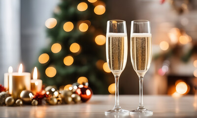 Wall Mural - Two champagne glasses in festive Christmas ambiance