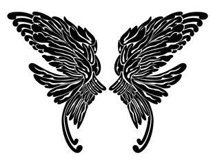 Wall Mural - A pair of bird wings. Angel. Vector illustration for tattoo. Element for wood carving.