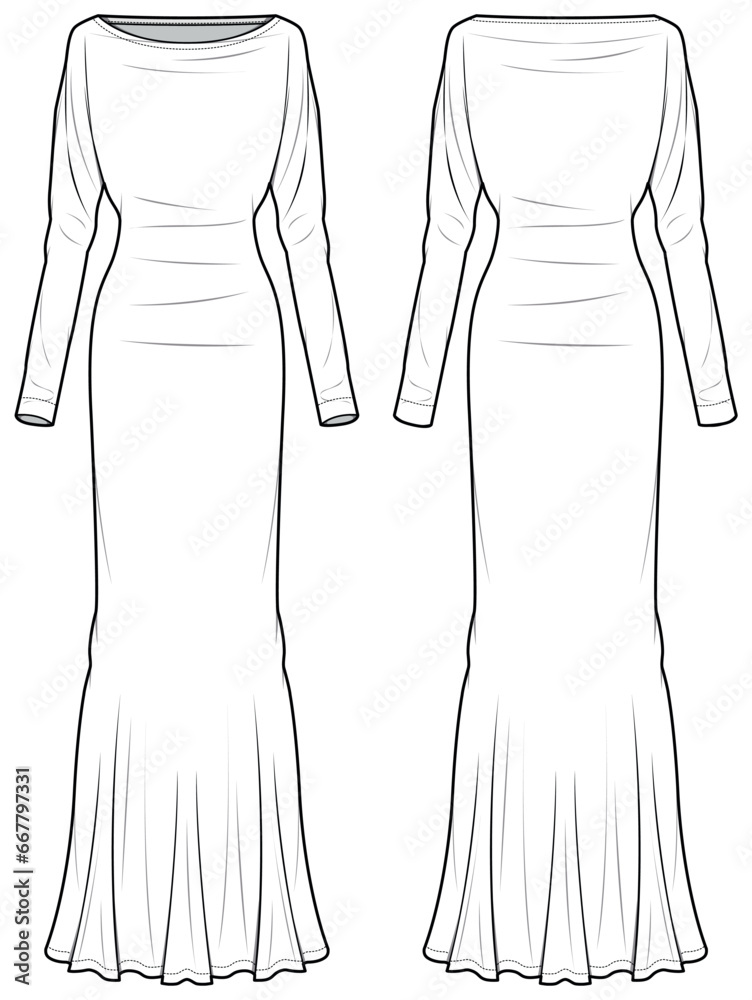 Women column dress design flat sketch fashion illustration with front and  back view, long sleeve boat neck mermaid dress drawing vector template.  Stock Vector | Adobe Stock