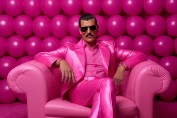 A Stylish Gentleman Relaxing in a Vibrant Pink Lounge Chair