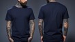 © Ifti Digital - Cropped image of tattooed man in dark blue tshirt, Male model wearing a dark navy blue half sleeves tshirt on a White background, front view and back view, top section cropped, AI Generated