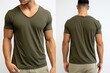 Blank tshirt template on man body, front and back view, Male model wearing a dark olive color VNeck tshirt on a White background, front view and back view, top section cropped, AI Generated