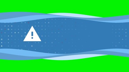 Poster - Animation of blue banner waves movement with white warning symbol on the left. On the background there are small white shapes. Seamless looped 4k animation on chroma key background