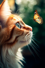 Butterfly On The Cat Nose. Generative AI,