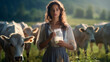 Woman on a farm with milk. Generative AI,