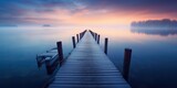 Fototapeta Sypialnia - AI Generated. AI Generative. Dock wooden pier at sunset. Romantic relaxing vibe background. Graphic Art