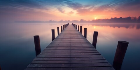 Poster - AI Generated. AI Generative. Dock wooden pier at sunset. Romantic relaxing vibe background. Lake outdoor peace landscape.