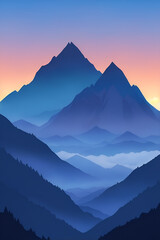 Misty mountains at sunset in blue tone, vertical composition