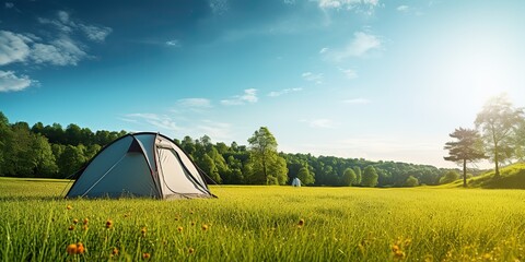 Wall Mural - AI Generated. AI Generative. Outdoor nature camping tent on grass. Adventure rest background. Can be used for countryside hiking tour promotion